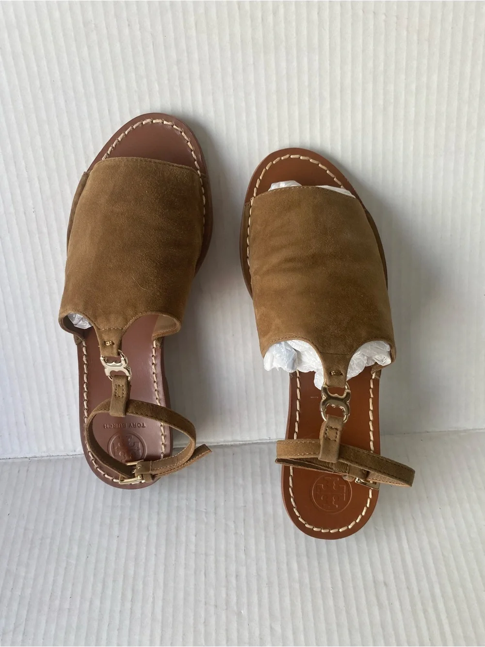 Tory Burch Tan Suede T‑Strap Open‑Toe Slingback Sandals with Gold Logo Accent